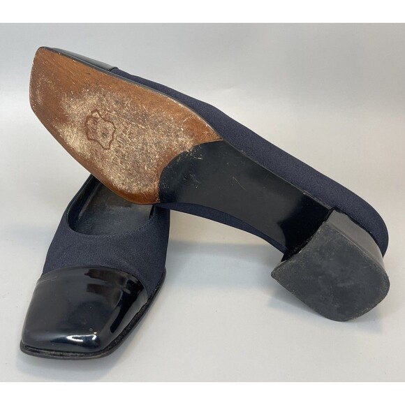 Vtg 90s Stuart Weitzman Square Toe Block Heels Pumps Womens 6.5 Navy Slip On - Picture 10 of 12